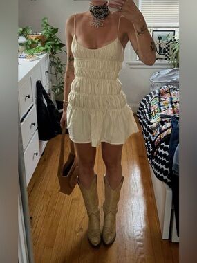 Cream Smocked Mini Dress with Spaghetti Straps